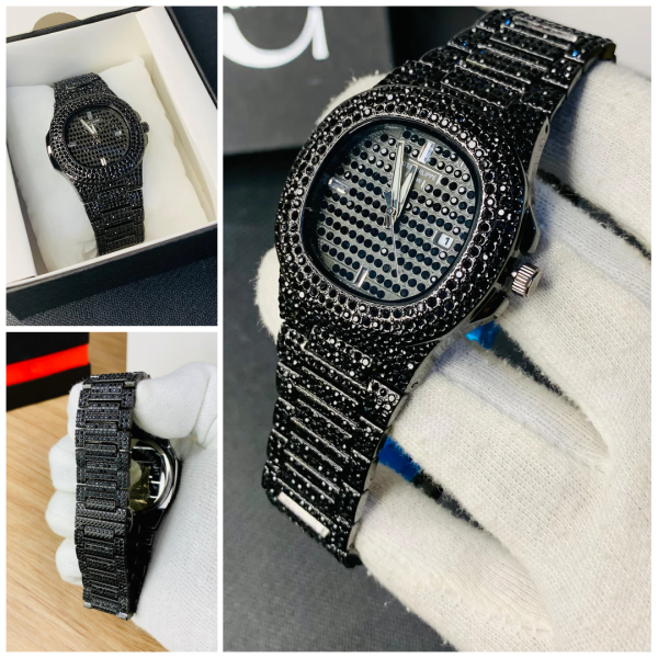 New Watch Collection Black Stone / Blacked Iced Out Stain-less Steel Chain Watch For Mens Fashion (black Color With Box)