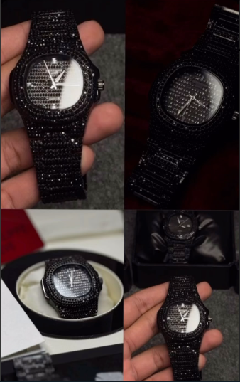 New Watch Collection Black Stone / Blacked Iced Out Stain-less Steel Chain Watch For Mens Fashion (black Color With Box)