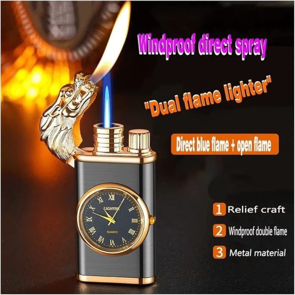 Refillable Dragon Design Fancy Watch Lighter | Best Quality Watch Lighter | Dual Flame Lighter | Lighter With Metal Body ( Random Color ) ( Without Box )